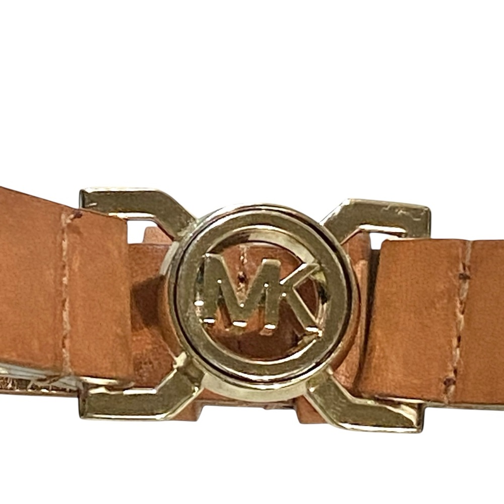 Michael Kors Tan Leather Belt with Gold MK Logo Buckle – Size Small